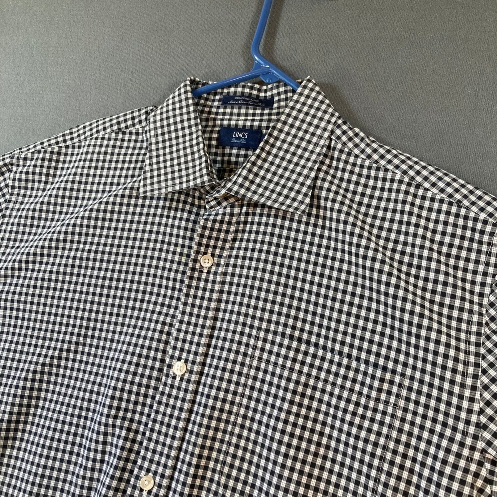 Lincs David Chu Mens Large Gingham Check Button Down Shirt Black White Cotton